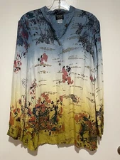 NWT WOMENS CITRON RAYON OMBRE BLUE GREEN BUTTON FRONT BLOUSE ASIAN PRINT SIZE M