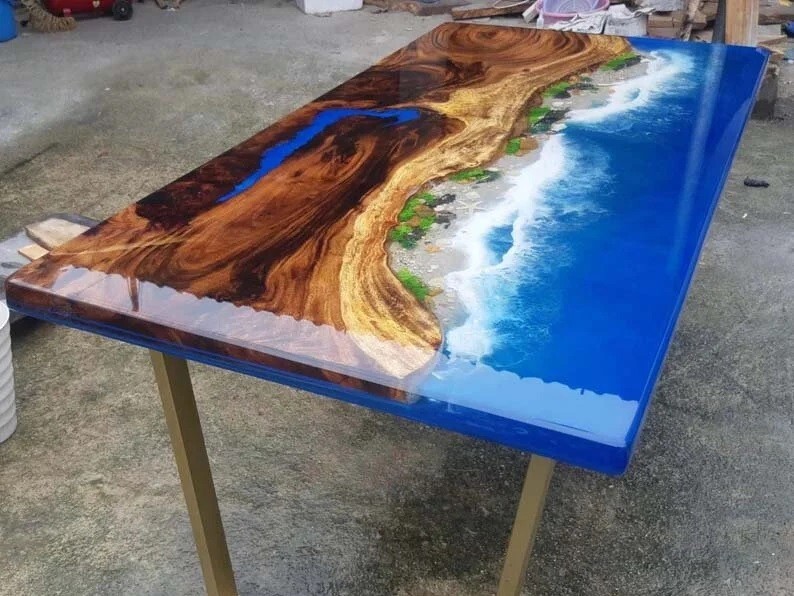 Island Ocean Blue Epoxy Table Top, Epoxy Dining Table, Walnut Wood Epoxy Table