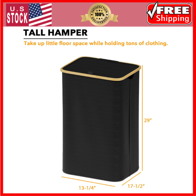 Laundry Hamper with Lid, 110L Large Tall Clothes Basket Bin with Bamboo Handles,-image