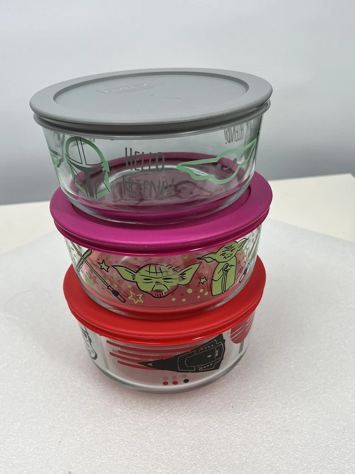 3 ct Lot Pyrex Star Wars Glass 4-Cup Storage Bowl Container Dish Yoda Lightsaber - Image 4 of 4