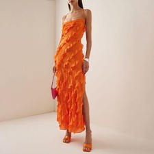 Women Orange Layered Ruffle Split Off Shoulder Long Slip Evening Cocktail Dress