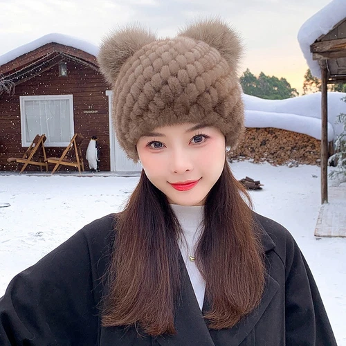 Damen Echt Nerz Pelzmütze Beanie Winter warm Strick Outdoor Mütze mit Fuchspelz Ball - Bild 6 von 24
