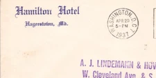 1937 Hamilton Hotel Hagerstown MD Advertising Cover
