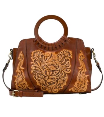 Patricia Nash Lyon Tooled Leather Satchel Crossbody Bag-Tan-NWT-$249