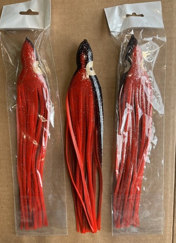 Gonna calamari Octopus Hoochie 12” rosso nero glitter con occhi 3 PK esche da pesca - Foto 2 di 3