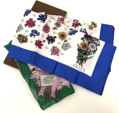 GUCCI  Scarf M2 033 Flower Silk Green Blue 2 Piece Set Pre-owned made in Italy