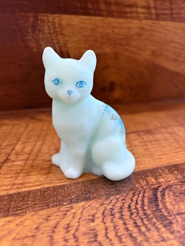 Fenton Satin Glass Sitting Cat Figurine Hand Painted Blue Roses Signed A.J. Knop