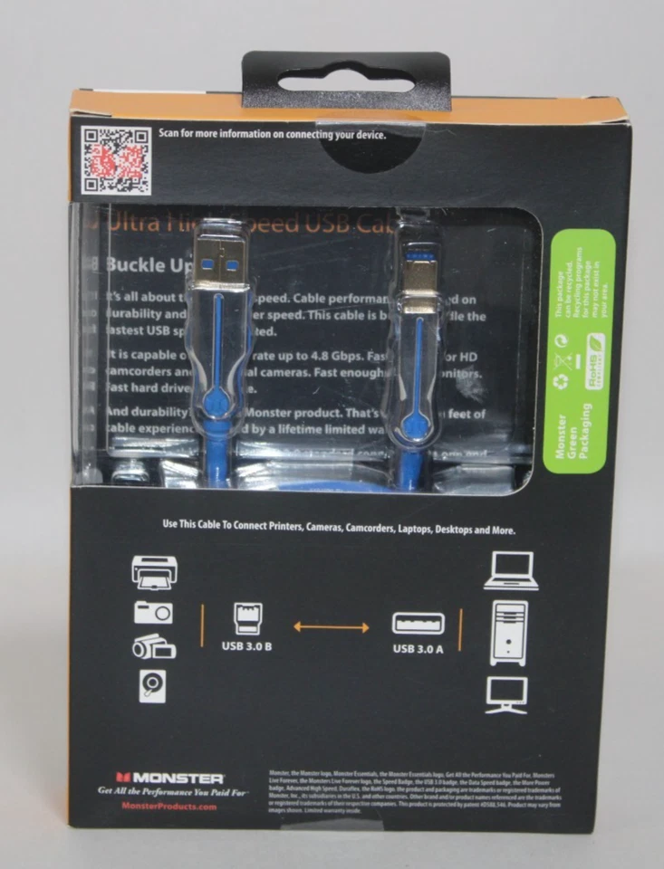 Monster Essentials USB 3.0 Ultra High Speed Cable – 7FT / 2.13M – BLUE – New - Image 3 of 4