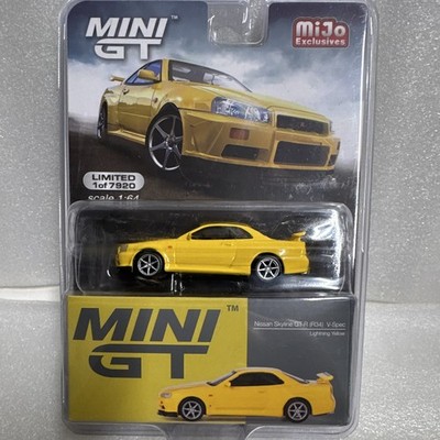 MINI GT 1:64 Nissan Skyline GT-R R34 V-Spec Yellow Diecast MiJo Exclusive