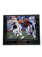 Karl Mecklenburg Autographed/Inscribed Denver Broncos 10x8 Photo/Plaque BAS COA