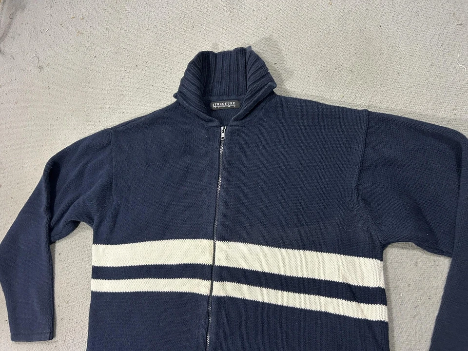 Vintage Structure Sweater Mens Medium Navy White Stripe Full Zip Mock Neck 90s - Image 2 of 4