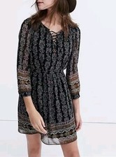 Madewell Dress Black Boho Paisley Print 3/4 Sleeve Lace Up Mini Lined Size 2