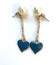 NOS BETSEY JOHNSON SPARKLE DANGLE BLUE HEARTS PIERCED EARRINGS