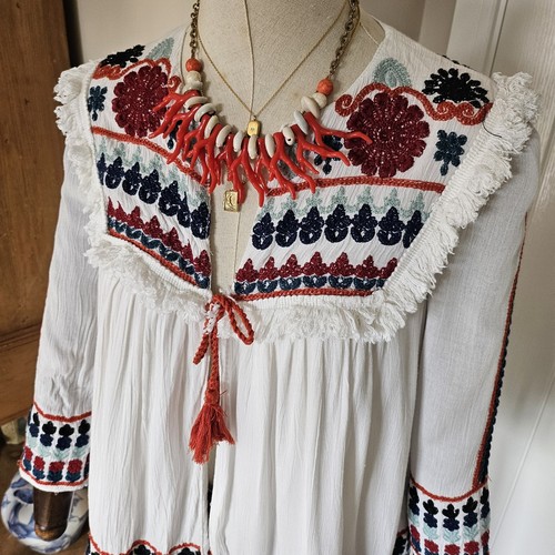 Zara White Indian Cotton Embroidered Folk Fringe Boho Tie Top Summer Jacket S 8 - Picture 2 of 24