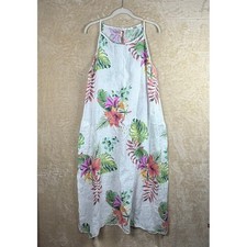 Made in Italy 100% Linen Tropical Floral Halter Midi Dress Size L Lagenlook Boho