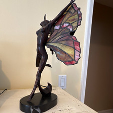 Fairy Figurine Table Lamp, Tiffany  Glass Style Wings, bronze figure with base.