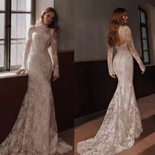 Wedding Dresses Mermaid With Floral Appliques High Neck Full Sleeve Bridal Gowns