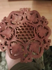 Vintage Trivet Teak Wood India Hand Carved Leaf Honeycomb Fall Boho