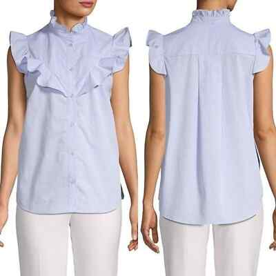 Parker Striped Ruffle Trim Sleeveless Shirt Blue Women's XS