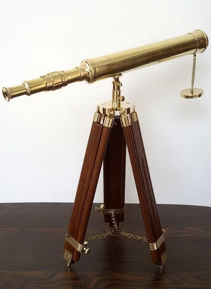 18" Collectible Telescope Brass With Nautical Tripod Wood Stand Stand - Image 3 of 4