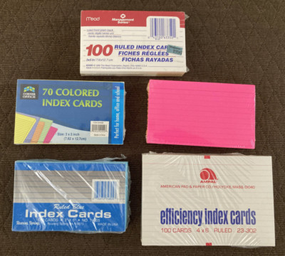 Lot of 4 NIP Ruled Index Cards plus 1 Open Package, White & Colored, 3 x5 & 4 x6