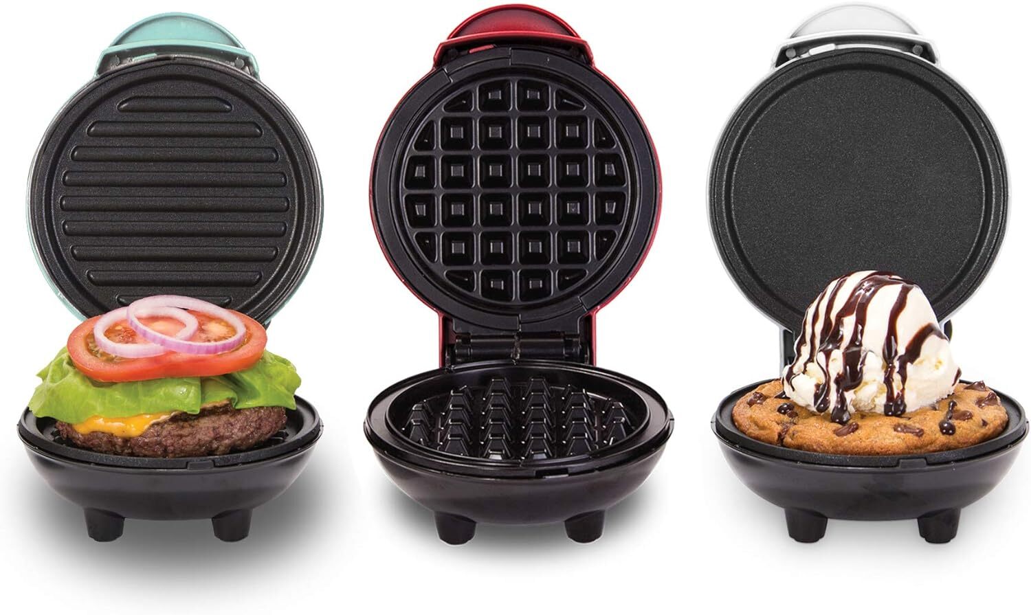 DASH 3-in-1 Mini Waffle Maker Grill Griddle Set Red Aqua White 3-Pack  -image