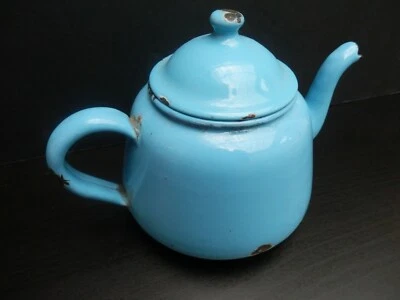 Cafetière Emaillée Tôle Verseuse Théière - Bleu H 12 cm - 1/2 litre - Vintage - Photo 1/4