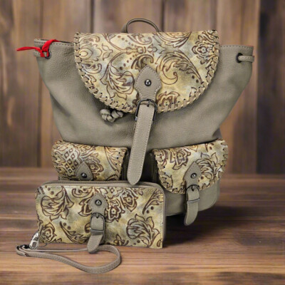 American Leather Co Tan Floral Embossed Backpack Zipper Adjustable Strap Wrangler Floral Tooled Backpack - Montana West – Montana  main image 2