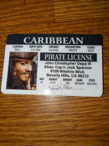 Johnny Depp as Captain Jack Sparrow Pirate License ID Fake Joke