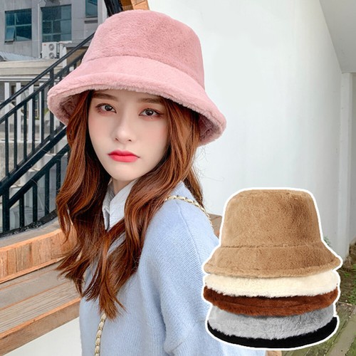Plush Fluffy Bucket Hat Women Warm Lining Winter Faux Fur Cozy Wide Brim Winter - Picture 11 of 21