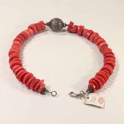 C Y Coral Beads Silver Necklace Ball Pendant 19 Inches - NEW - Picture 4 of 7