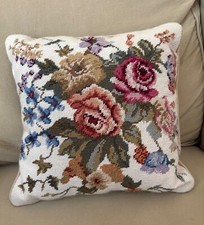 VTG Granny Chic Handmade Floral Needlepoint Pillow Cover/Case Cottage Style