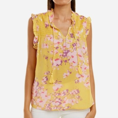 Nanette Lepore Sleeveless Floral Smocked Top Size Small Mango Mojito Print