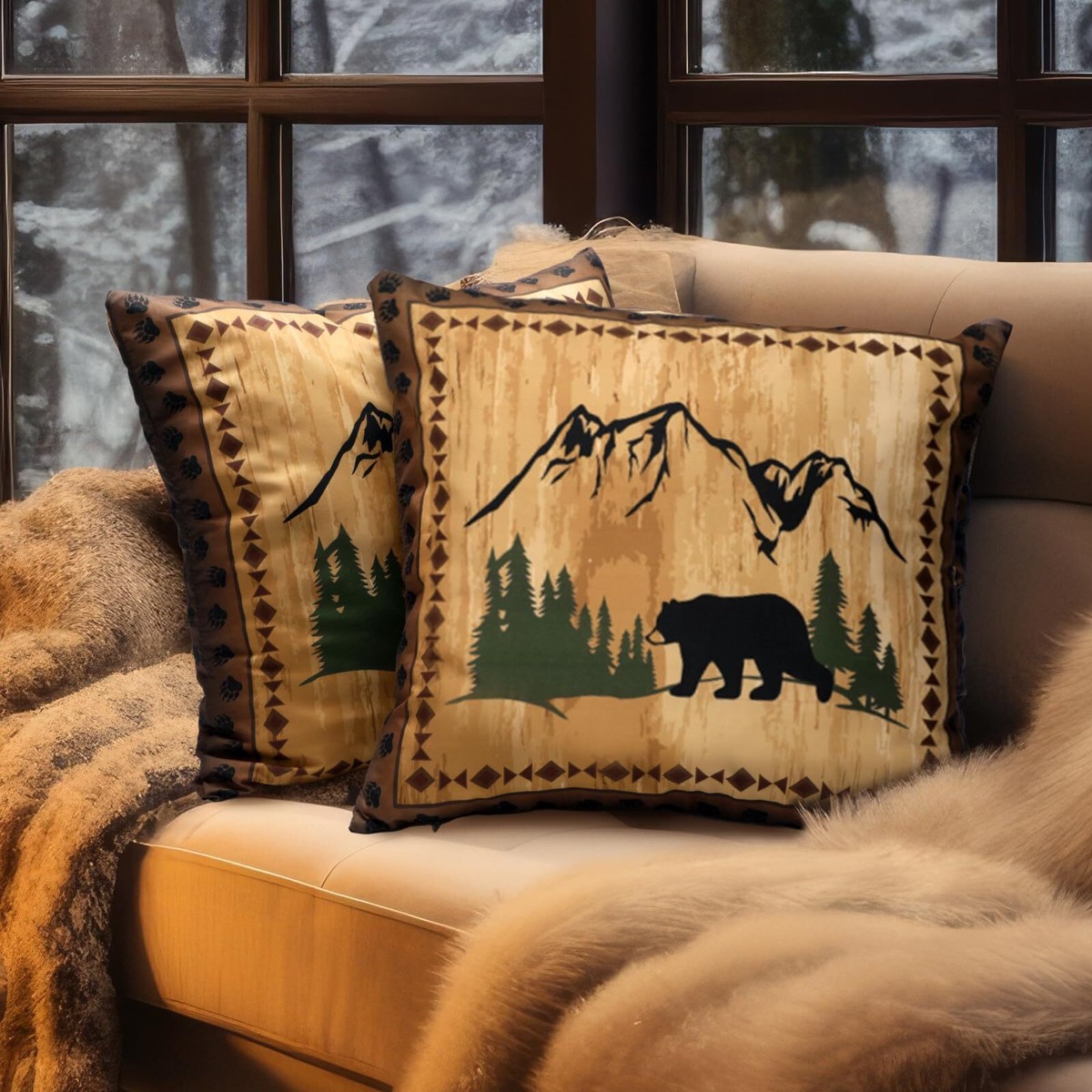 Bear Throw Pillow Covers Set of Soft Black Bear 18 Rustic Plaid
