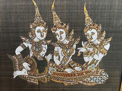 Vintage Kinnara Thai 3 Figures Playing Music Silk Painting 12x12in