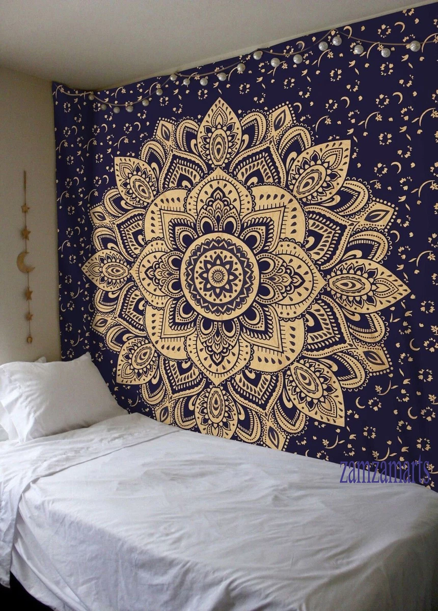 Indian Mandala Blue Gold Wall Hanging Tapestry Twin Size Bedspread Home Decor