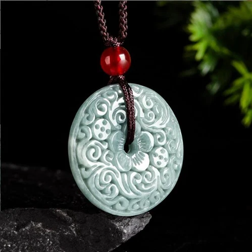 Certified Natural Green Burma Jade jadeite Carved Circle Donut Pendant Necklace - Bild 5 von 8