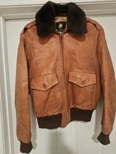 Vintage 1960s Golden Bear Leather Cognac Fur Neck Pilot Jacket Men M Made In CAL