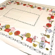 Vintage Early American Tablecloth, Printed Cotton Kitchen Linen, Household Items
