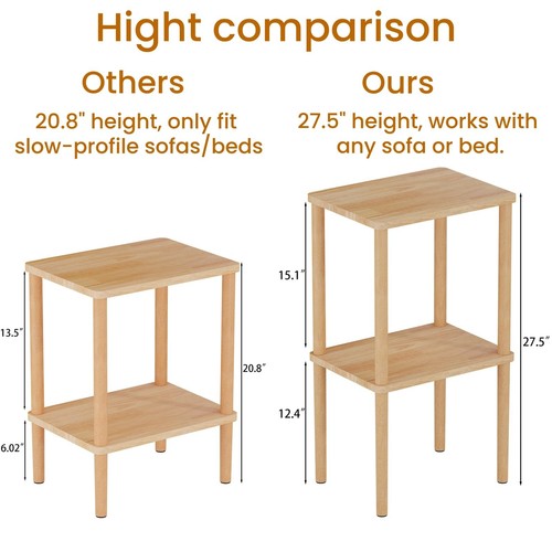 exilot Solid Wood Side Table, 2-Tier Small End Table with Storage Shelf, Tall... - Picture 6 of 9