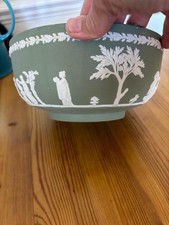 Vintage Wedgwood Jasperware Sage Green Footed Bowl Classical Figures & Oak Leaf