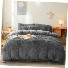 Fluffy Faux Fur Comforter Cover Set - Ultra Soft Plush Bedding Queen Dark Grey