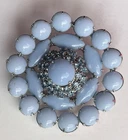 Vintage Signed Continental Blue Rhinestone & Milk Glass Cabochon Brooch Pin 60s