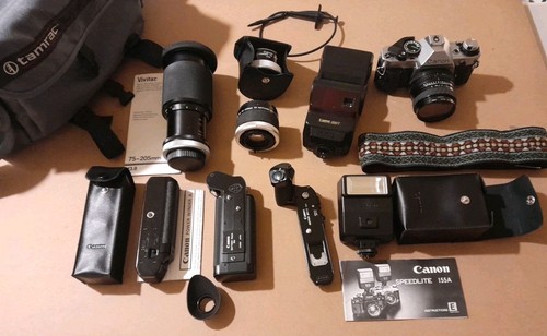 CANON AE1 35MM SLR PROGRAM CAMERA, ACCESSORIES, ALL UNTESTED, FOR PARTS, REPAIR