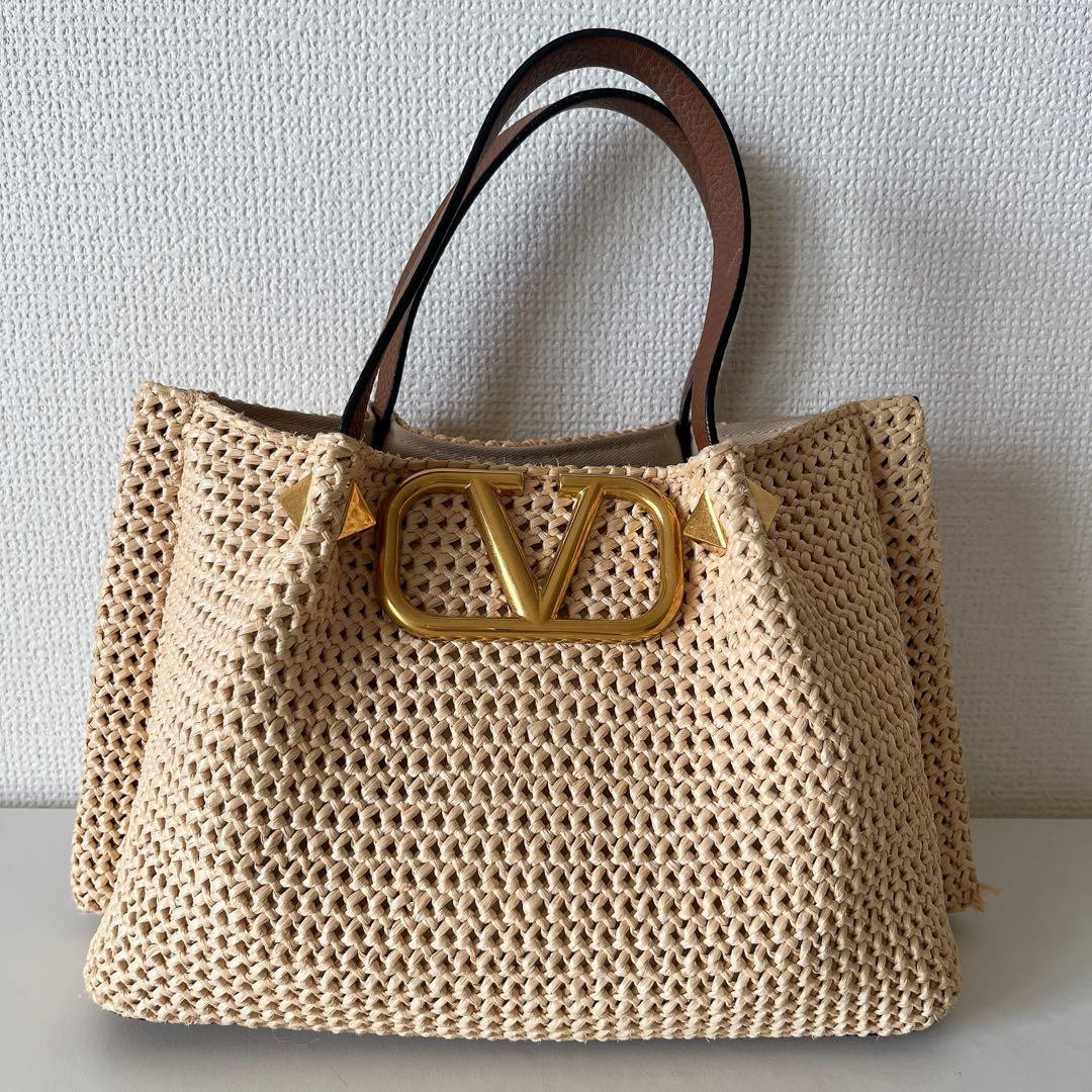 Valentino Garavani Rockstud Straw Tote 2Way Shoulder Bag Natural Brown