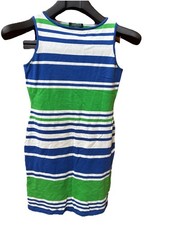 Lauren Ralph Lauren Blue Green Striped Sleeveless Cotton Knit Sweater Dress S