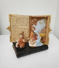Vintage musical Holy Family Nativity Set Open Bible Heavy Plaster Figures flaw