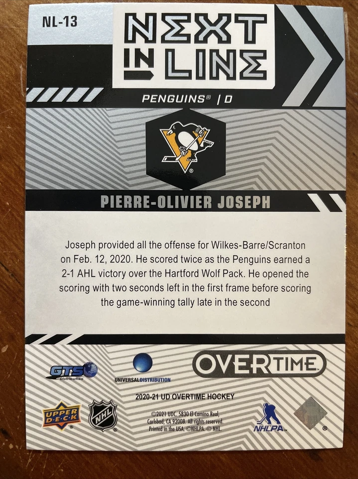 20-21 UD Overtime Hockey Rookie Next In Line NL-13 Pierre-Olivier Joseph - Image 2 of 2