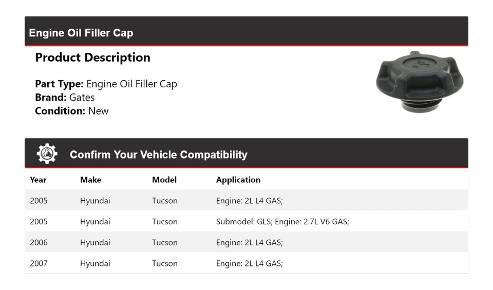 Puertas de tapa de llenado de aceite de motor Hyundai Tucson 2005-2007 2006 Foto 2 de 4