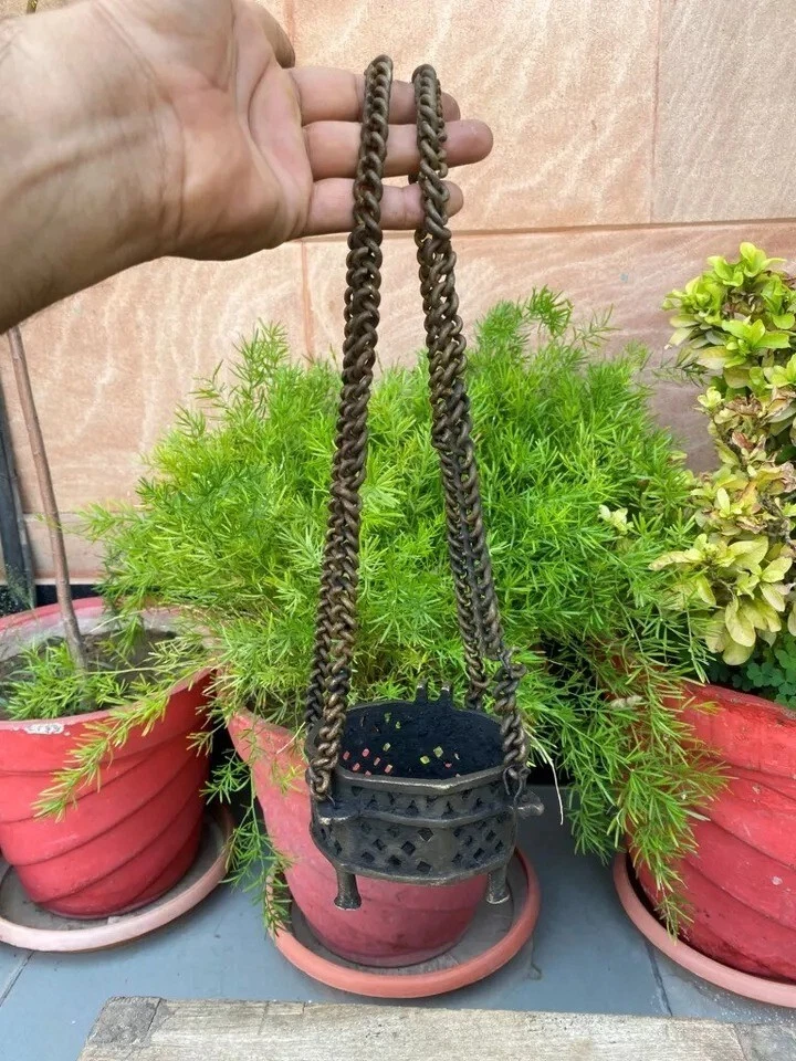 古董老式稀有手工锻造黄铜壁挂油香炉锅 — 第 4/4 张图片